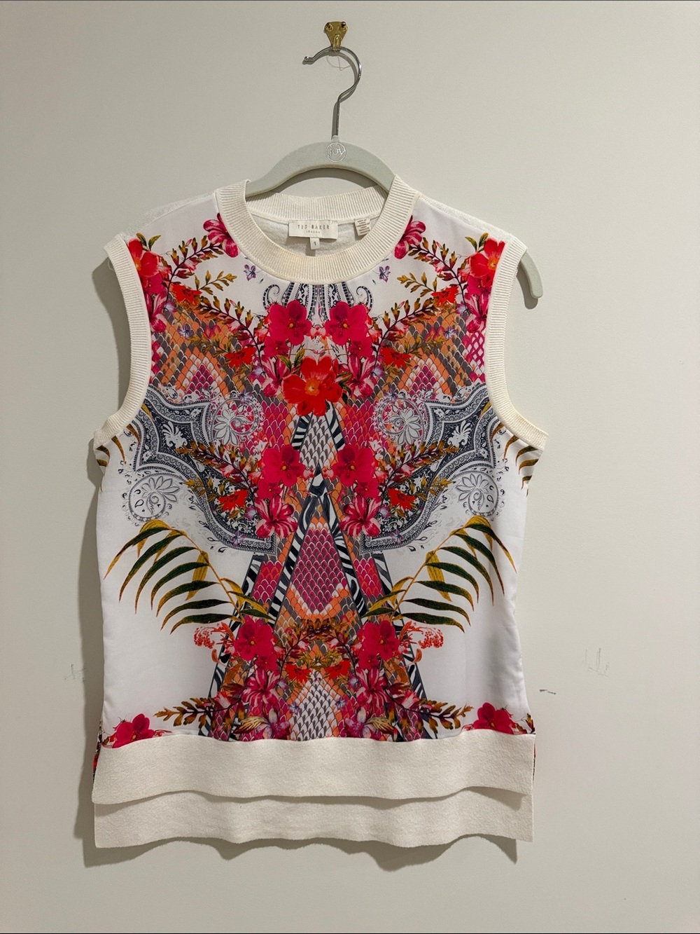 Ted Baker White Sleeveless Knit Top with Pink and Red Floral Print